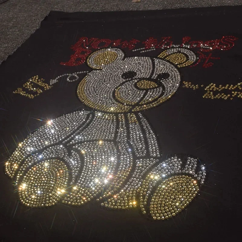 High quality shiny bear rhinestone pattern iron on sweater jacket clothing accessories fashion big patch