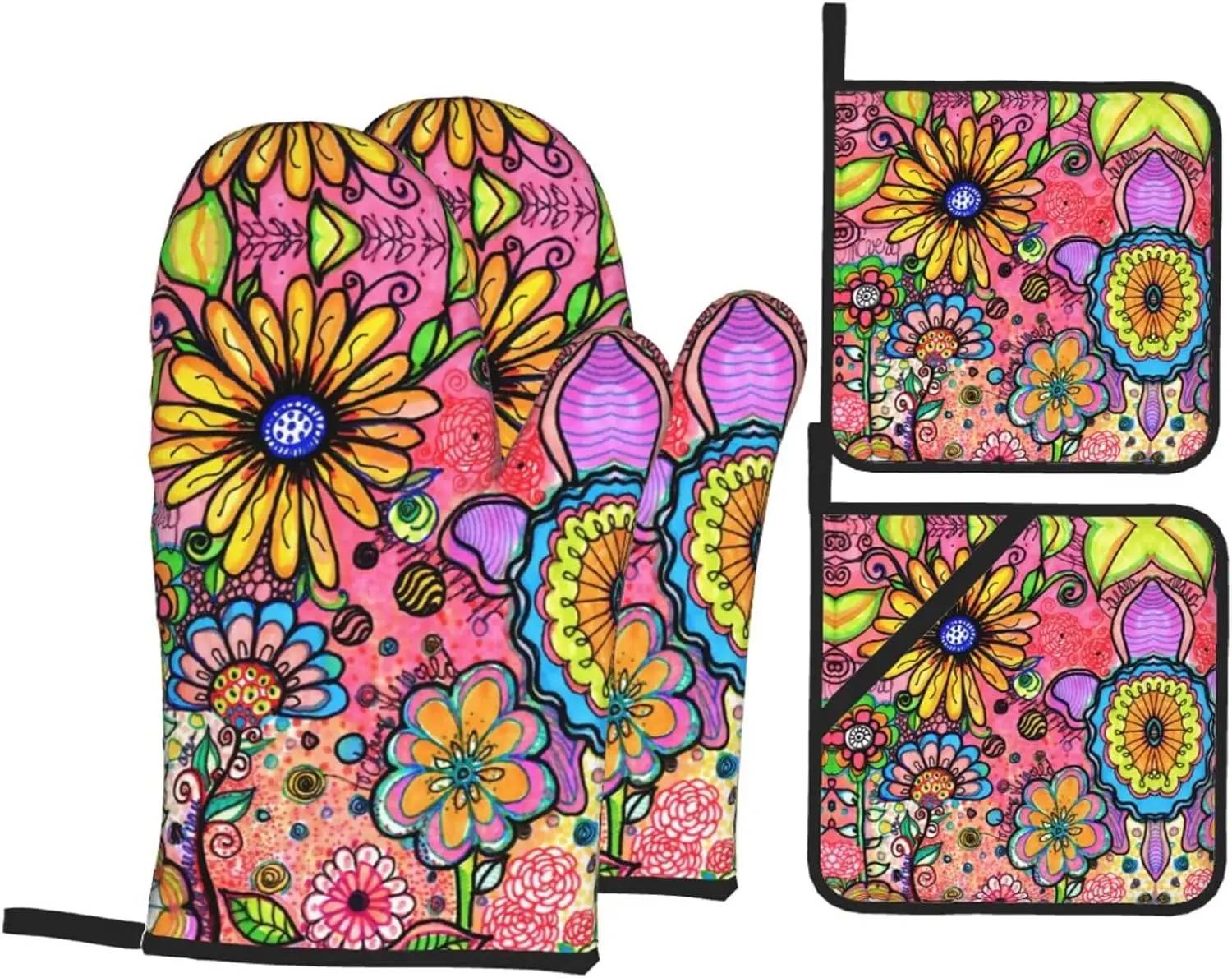 Hippie Art Flower Doodles Oven Mitts and Pot Holders 4 Pcs Set Oven Glove and Potholder Suitable for Barbecues Baking Cooking
