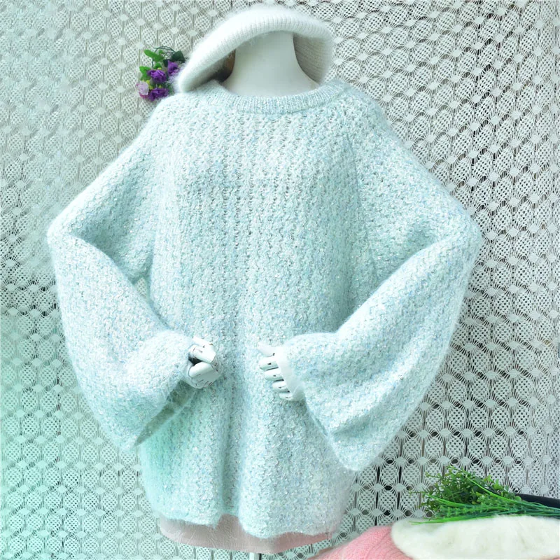 

Women Mujer Autumn Winter Fashion Sky Blue Sweet Hairy Mohair Wool Knitted Tied Back Long Flare Sleeves Loose Pullover Sweater