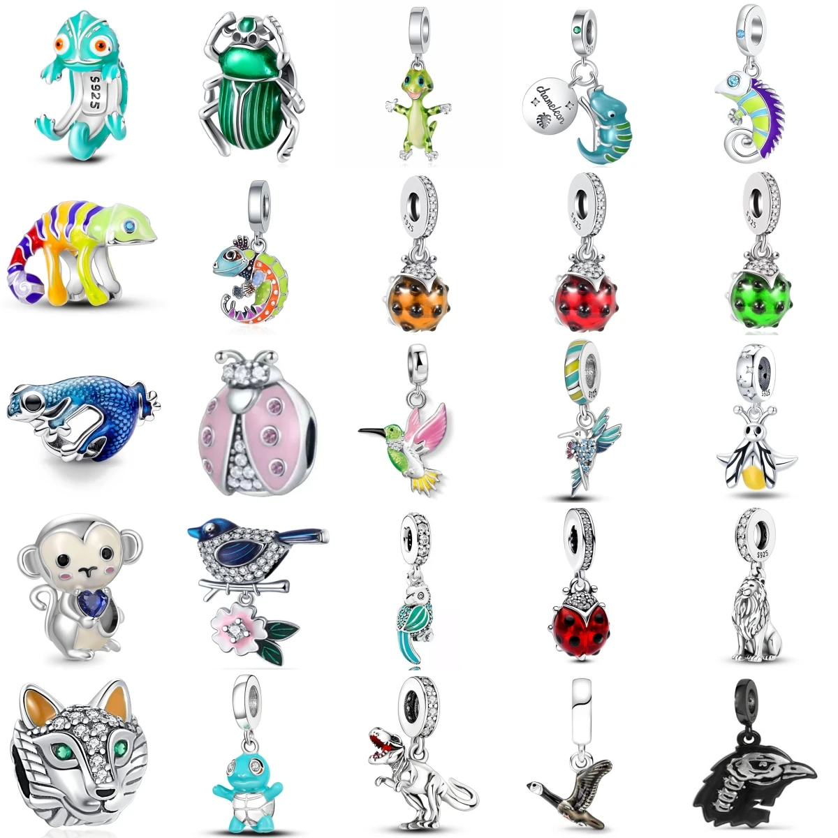 

New 925 Sterling Silver Charm Fit Original Bracelet Accessories Women Jewelry Forest Series Ladybug Beetle Chameleon Magpie
