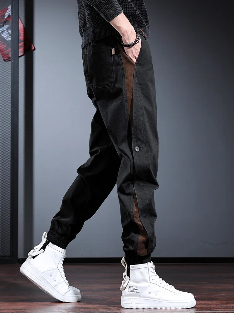 

Fashion Side Stripe Black Baggy Pants Men Sport Casual Cotton Elastic Waist Drawstring Jogging Trousers