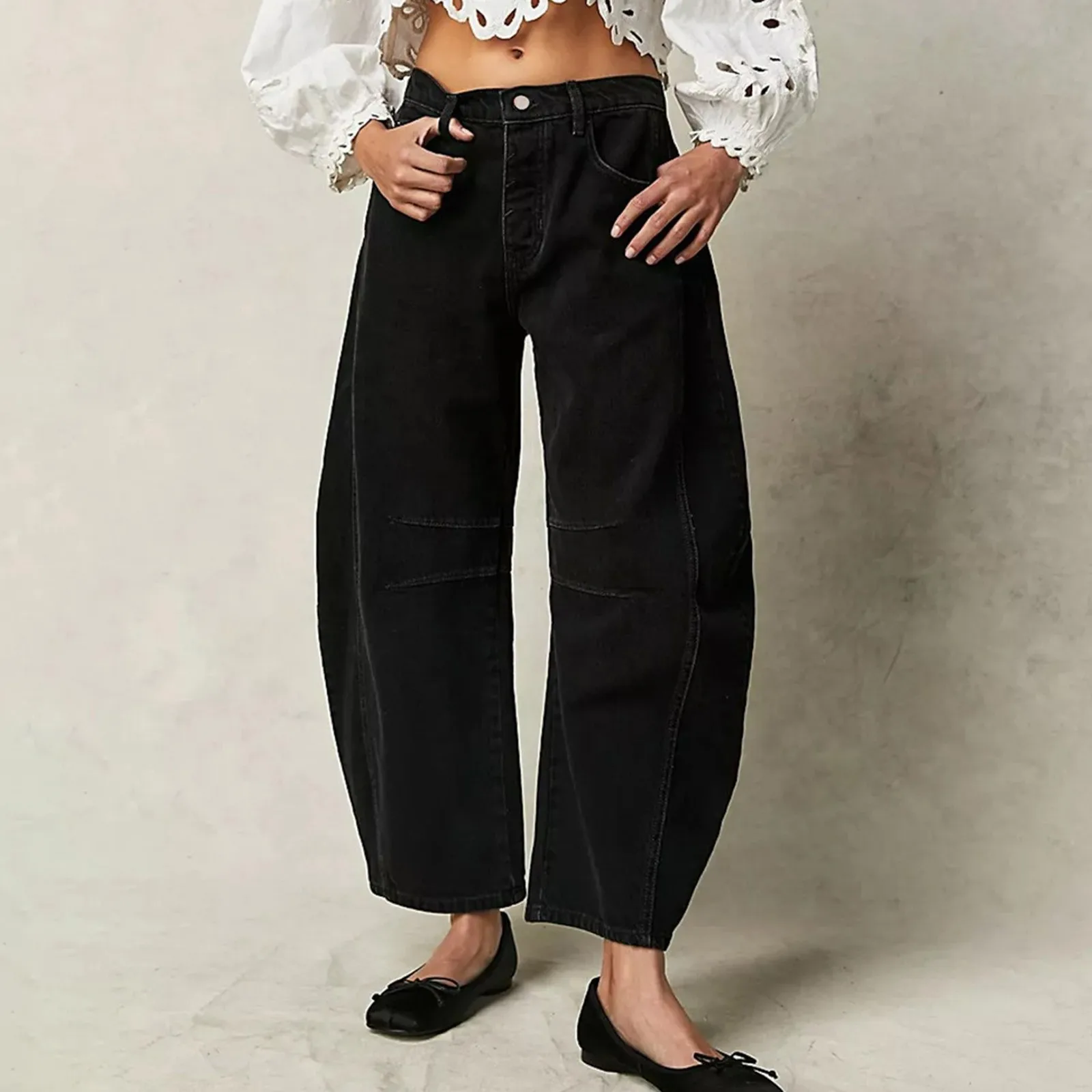 High Stretch Denim Pants Women Mid-Rise Barrel Jeans Fashion Ninth Pants Wide Leg Shape Casual Baggy Mid Waist Denim Jeans