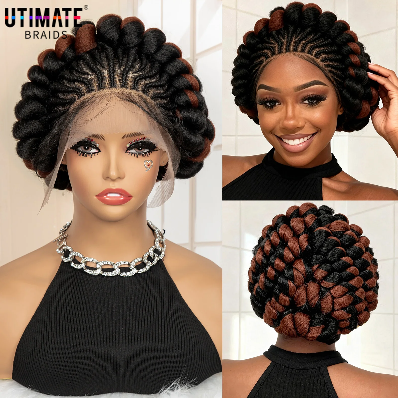 

Short Synthetic Full Lace Handmade Bantu Braided Wig for Black Women African Hair Style Cute Cornrow Knotless Box Braiding Wig