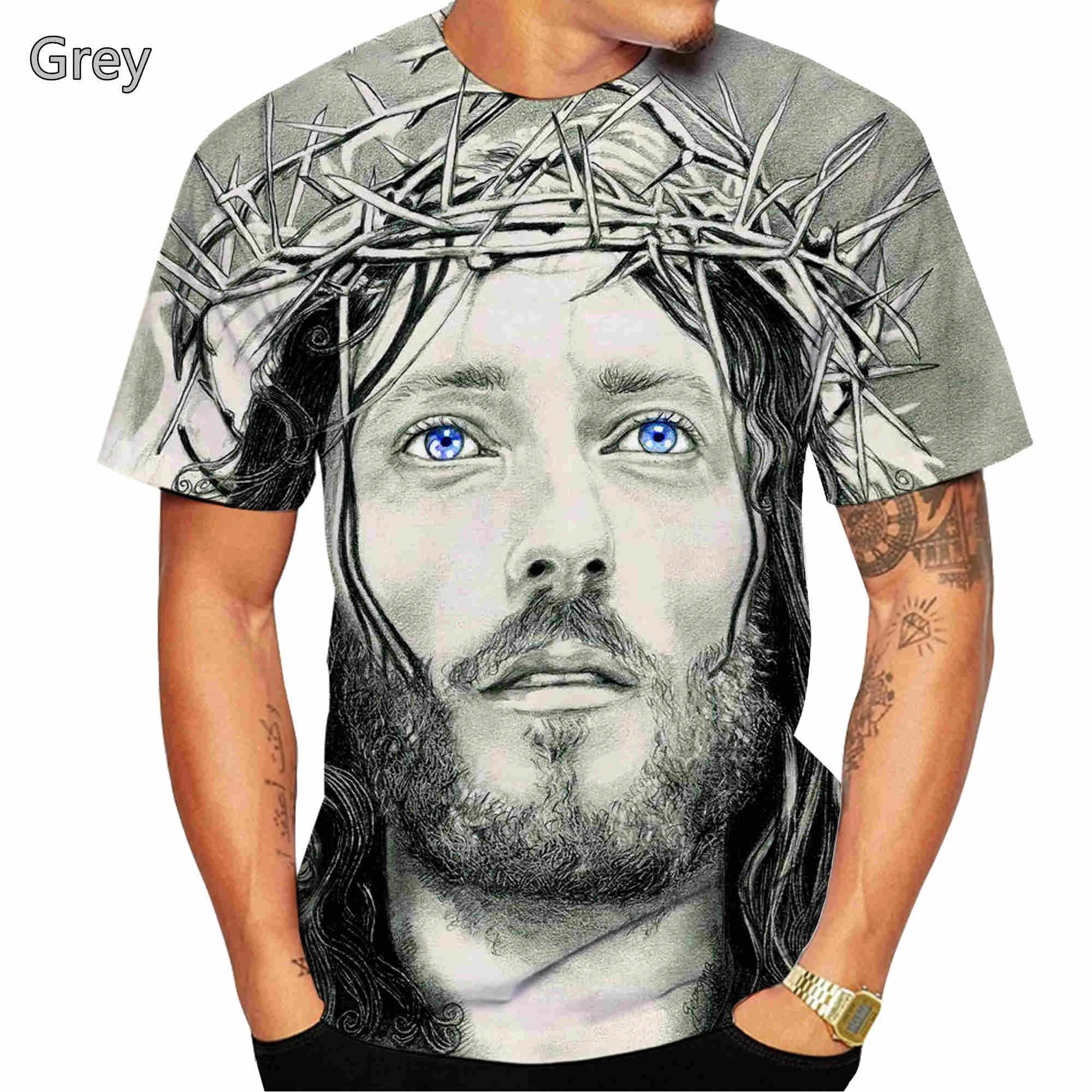 God! About Jesus Love Everone Christian Men\'s Round Neck Casual Short Sleeve T-Shirt, Cross Jesus Pattern Printed T-Shirt Top