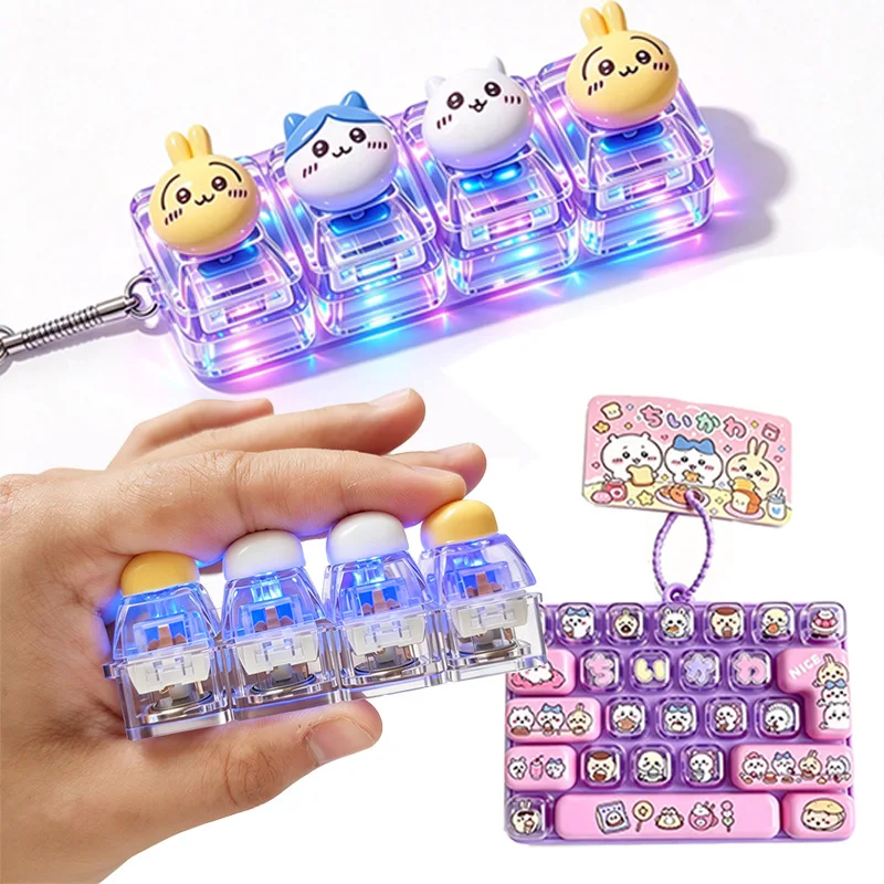4 Key Chiikawa LED Keyboard Keychain Fidget Toys, 26-Key Fidget Keychain Caps Clicker,Stress Relief Keyboard Keychain Fidget Toy