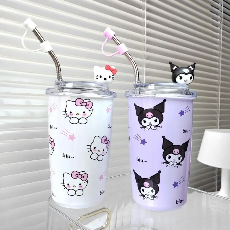 Kawaii Hellokitty Kuromi My Melody Sippy Cup Anime Cartoon Insulation Cooler Car Cup 450Ml Straight Drink Coffee Cup with Straw