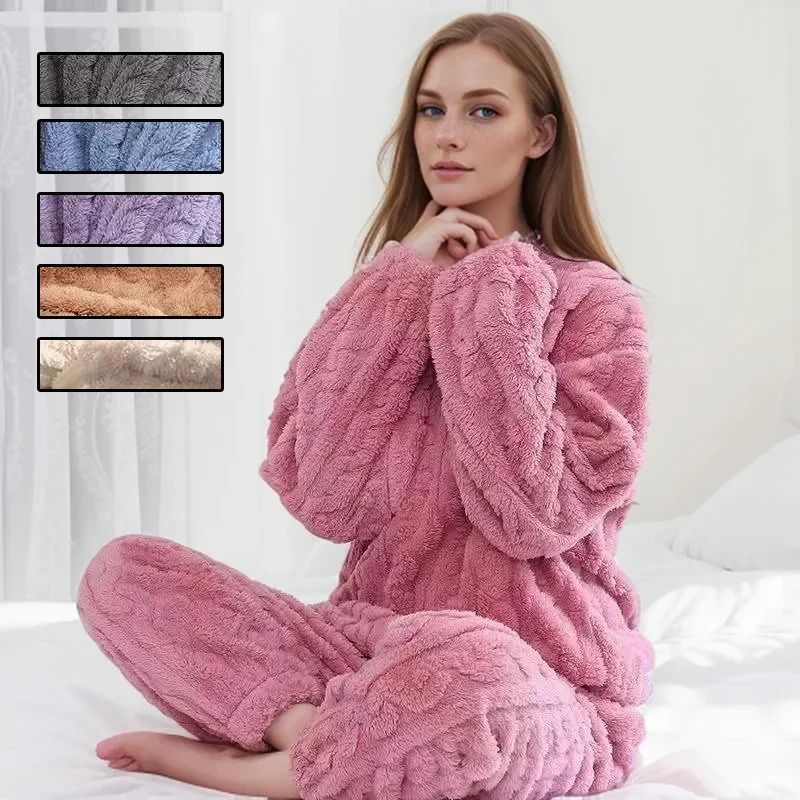 

Thickened Warm Autumn and Winter Flannel Pajamas Women Long-Sleeved Solid Striped Homewear Sleepwear Women 2025 New
