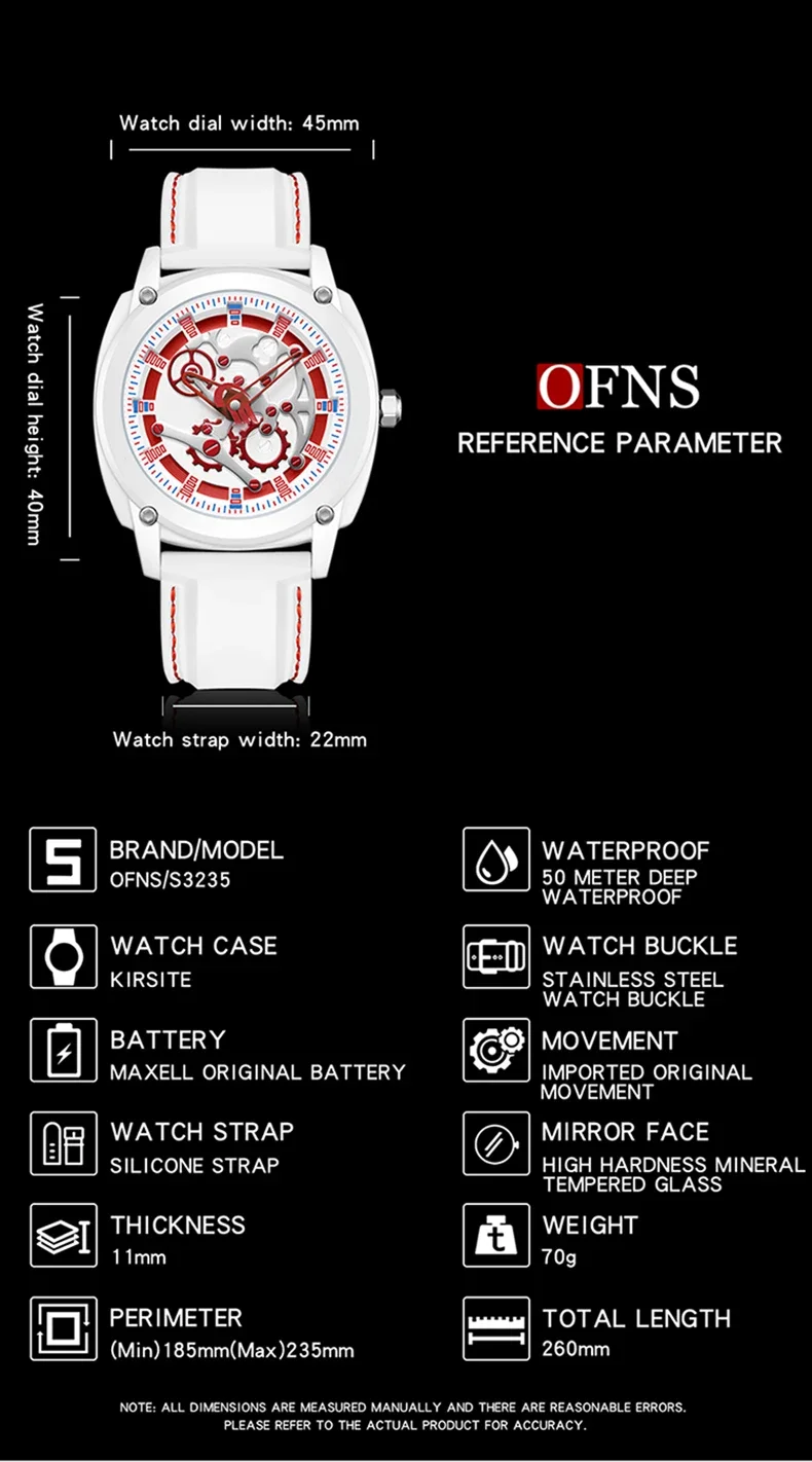 OFNS 3235นาฬิกาข้อมือสำหรับผู้ชายสายซิลิโคนนิ่มดีไซน์ใหม่กันน้ำ50เมตรนาฬิกาข้อมือควอทซ์ญี่ปุ่น