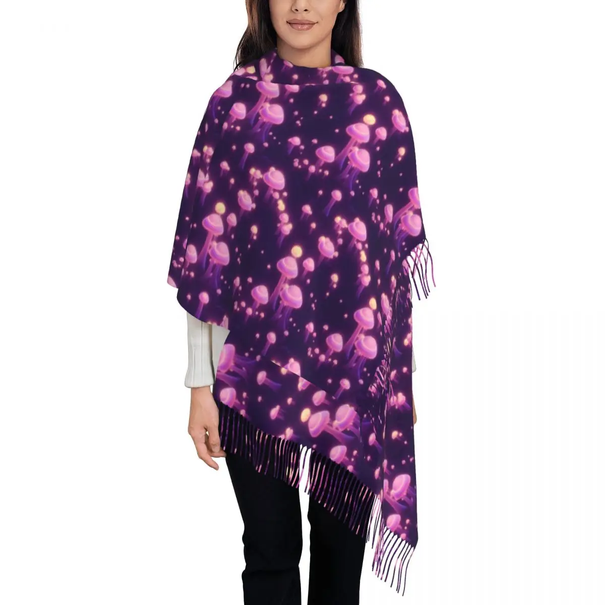 Magic Mushroom Scarf Women Trippy Mushrooms Large Scarves with Tassel Winter Luxury Brand Shawls and Wrap Soft Bufanda Mujer