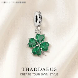 Green Heart Cloverleaf Dangle Charm Lucky Pendant Women Summer 925 Sterling Silver Fine Jewelry