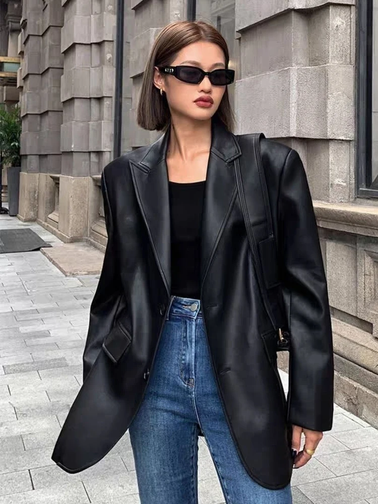 Vintage Loose Leather Moto Jacket Women Black Korean Faux Leather Biker Coats Female Single Breasted Blazers Fashion Streetwear