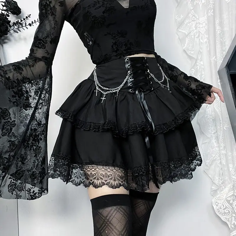 Summertime Dark Gothic Chain Cross Double Skirt Subculture Lace Strap All-match Skirt