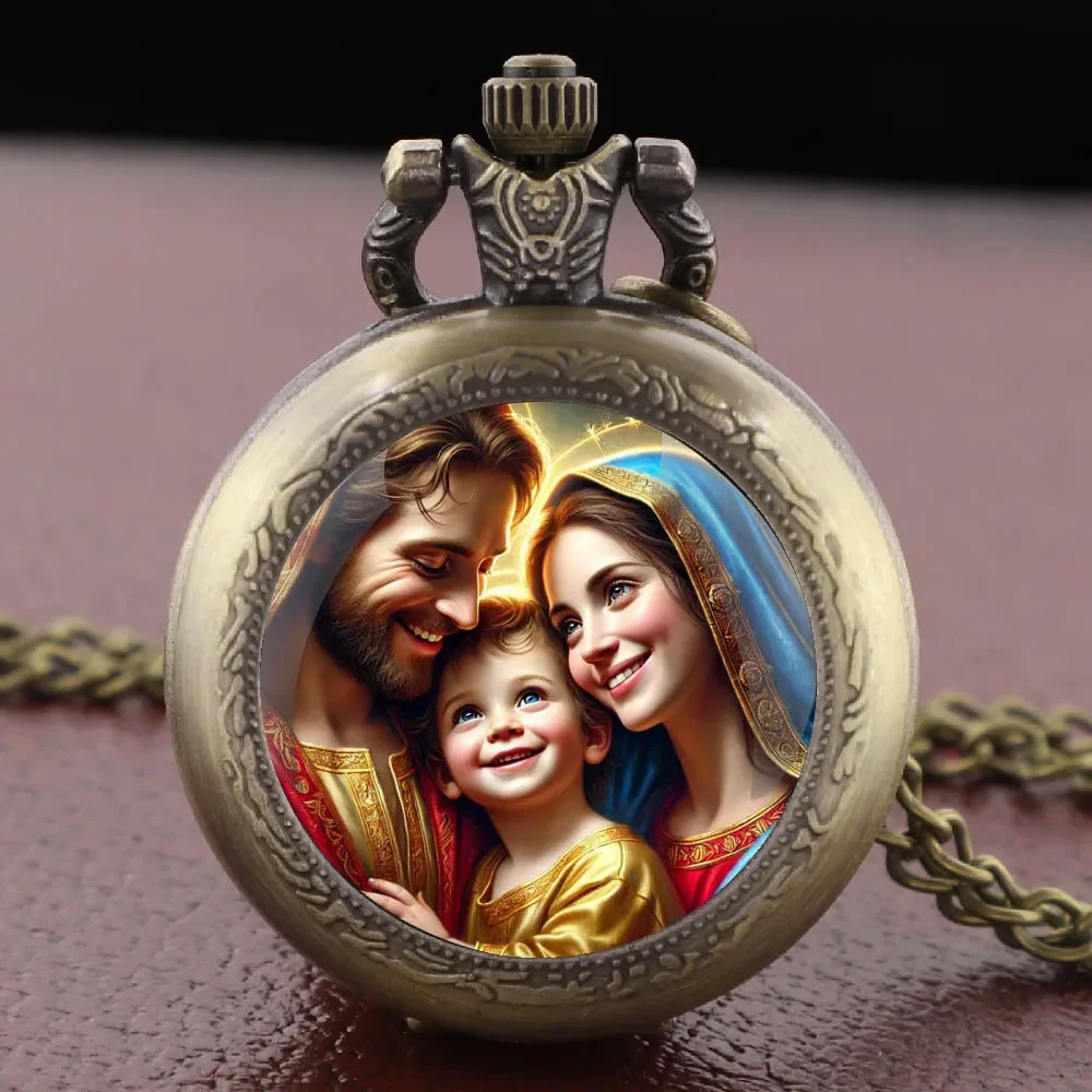 

Бронзовые религиозные часы с изображением Девы Марии и Младенца в стеклянном куполе, кварцевые карманные часы-кулон на цепочке, ювелирное украшение, подарок