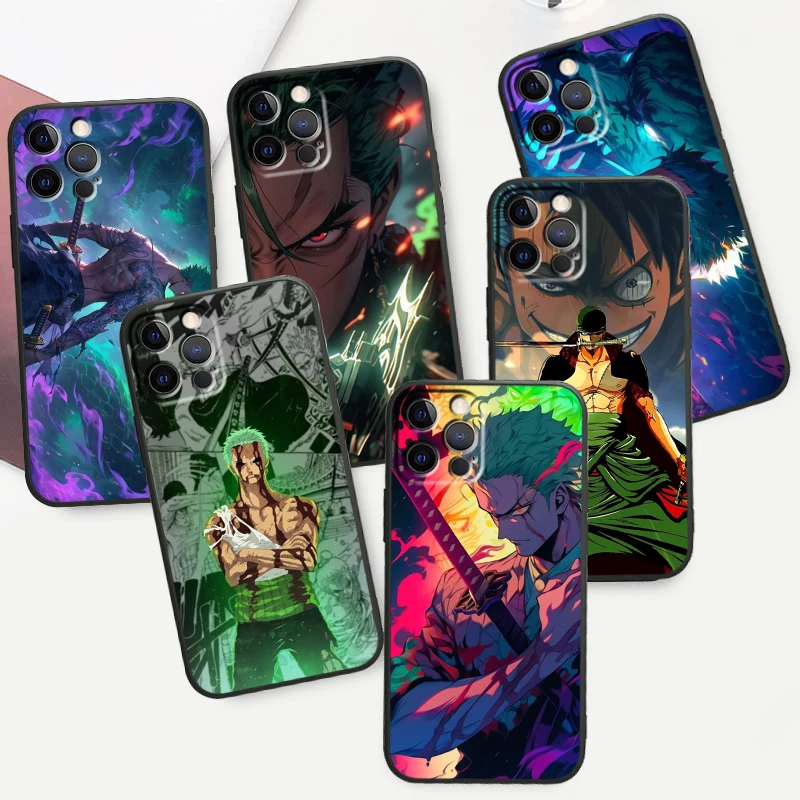 Zoro Anime One Piece Cartoon For iPhone 15 14 13 12 11 XS XR X 8 7 SE Pro Max Plus Mini Black Phone Case