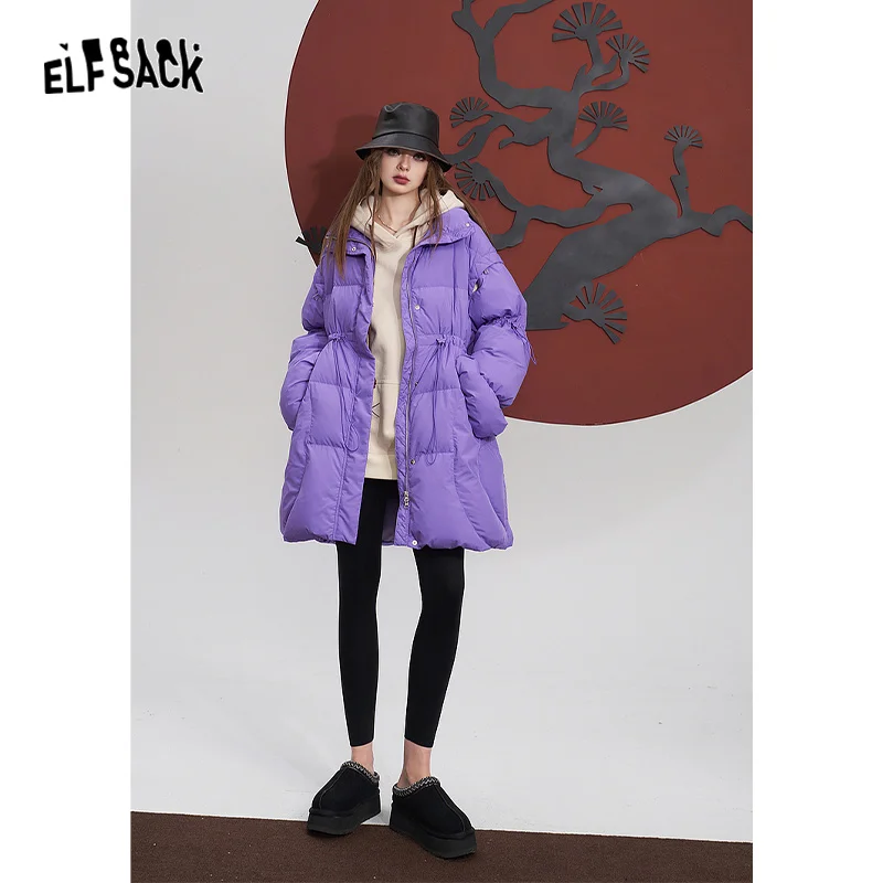 ELFSACK Purple Warm Down Coats Women 2023 Winter Loose Mid-length Designed Outwears