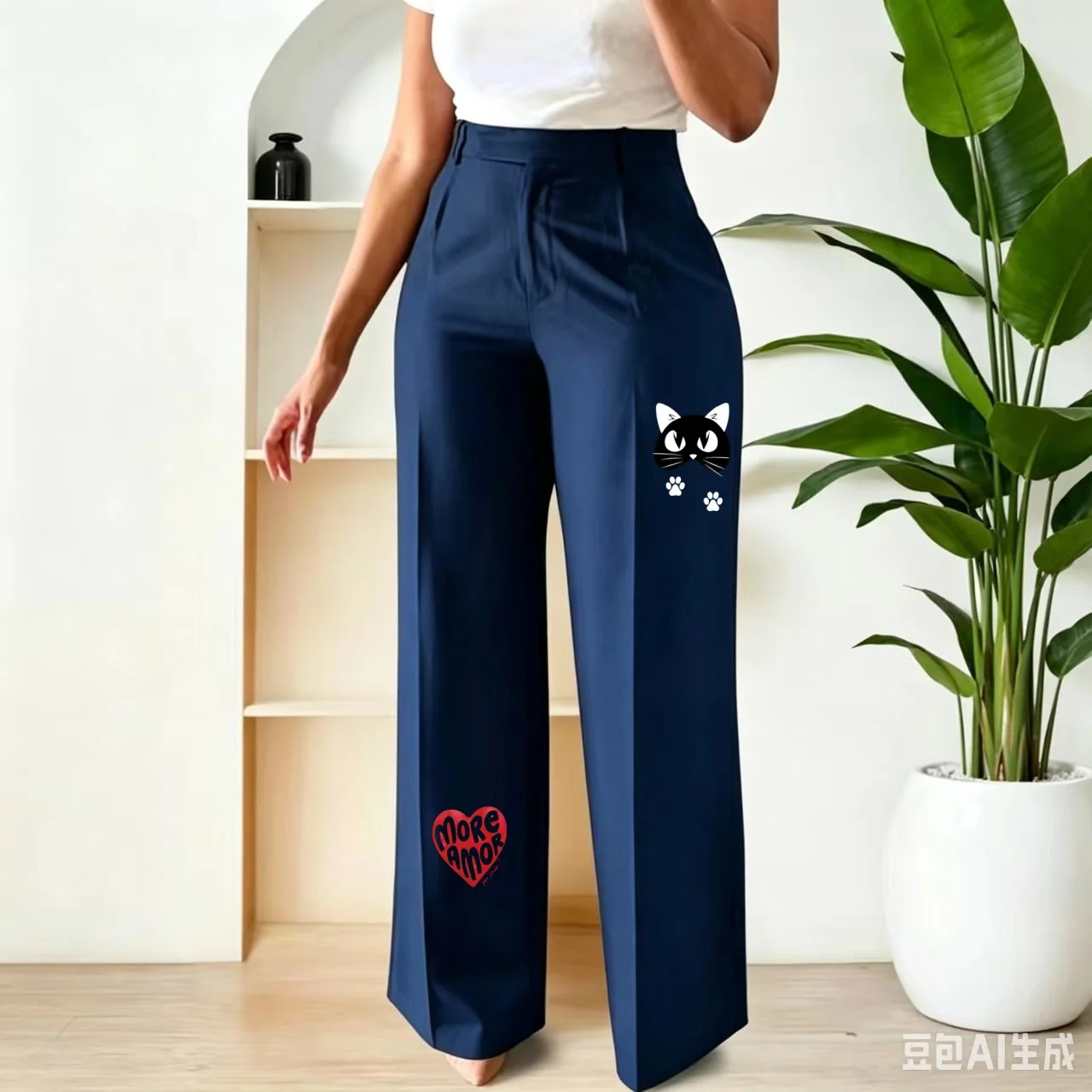 

Stylish Women High Waist Wide Leg Pants with Cute Cartoon Print Loose Fit Casual Trousers for Office & Street Style