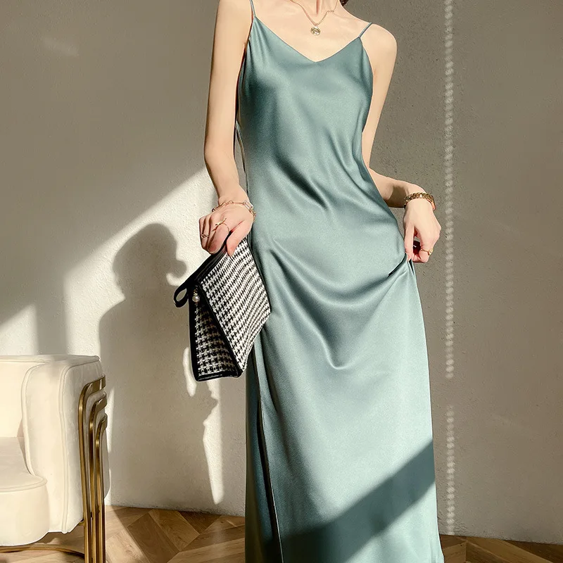 2026New Spring/Summer French Style Acetate Satin Sexy Camisole Dress for Women, Mid-Length with Solid Color Underskirt