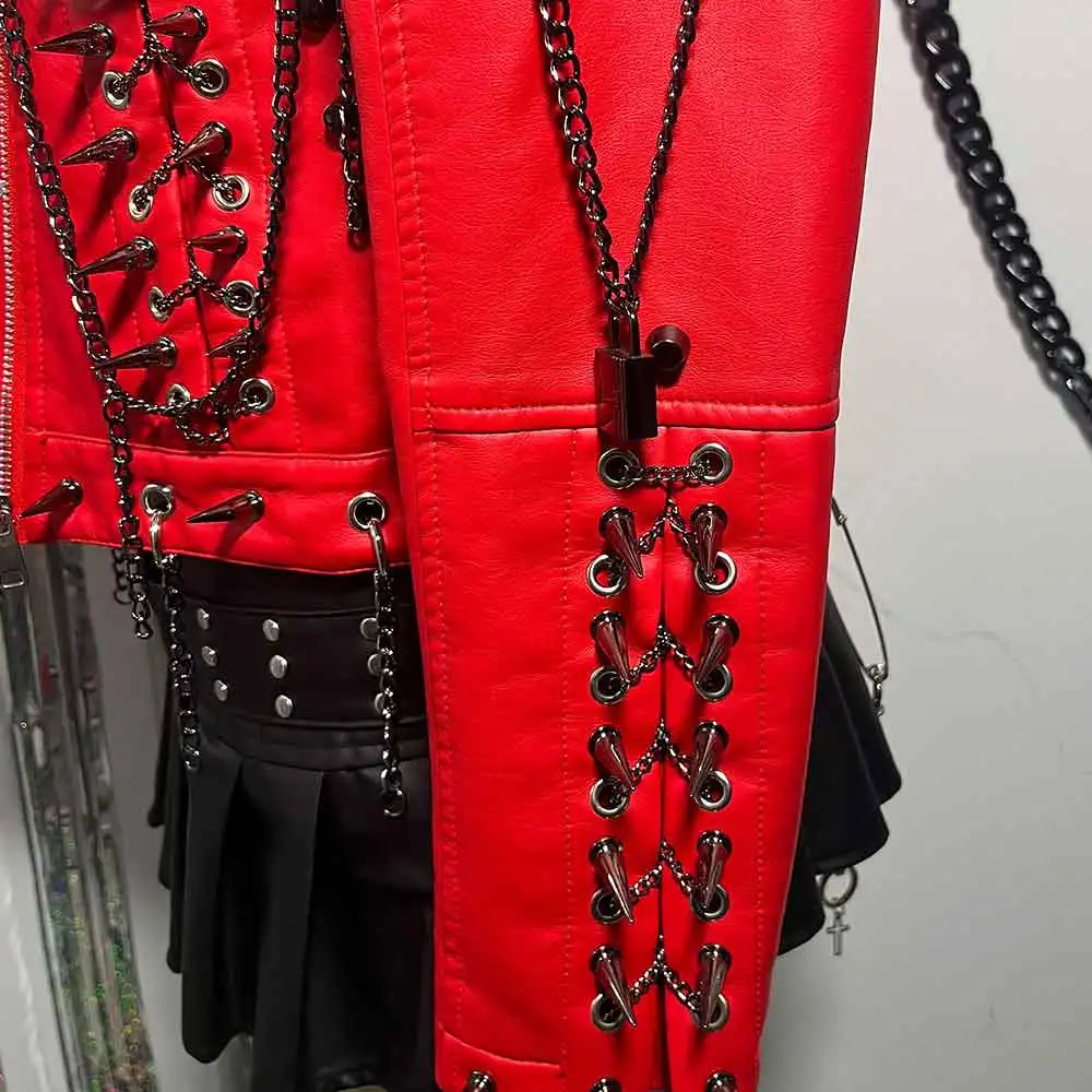 Gothiczna kurtka z ćwiekami, nitami i łańcuszkami w stylu gotyckim, e-girl, Harajuku, zapinana na zamek, emo, punk rock, odzież klubowa, grunge, Y2K, ze skóry PU.