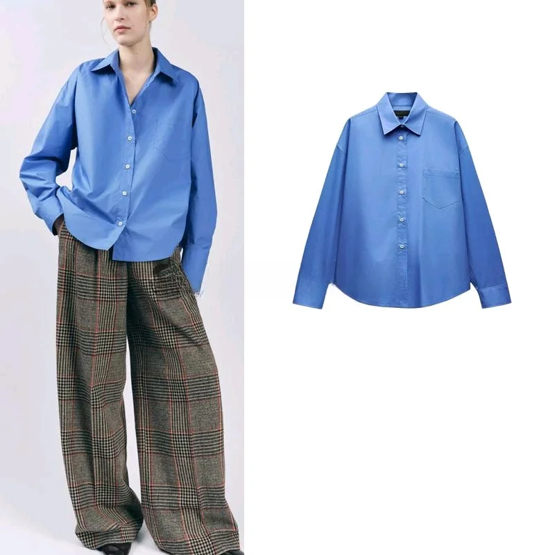 봄 신상 여성 루즈핏 면 실크 긴팔 심플 셔츠 탑 ZA 편안하고 따뜻한 단색 버튼업 오피스룩