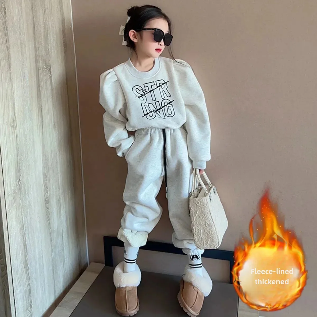 Kids' Fleece-Lined Thickened Warm Sweatshirt Suit Women's Casual Style Two-Piece Set Winter 2024 New Arrival Stylish Kids Clothi