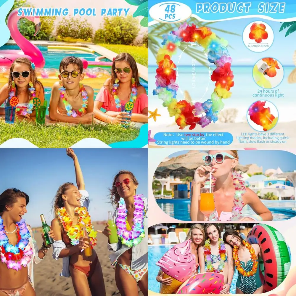 

48pcs LED Hawaiian Leis with Lights for Luau, Beach Wedding, or Tropical Themed Parties (Bright Color)