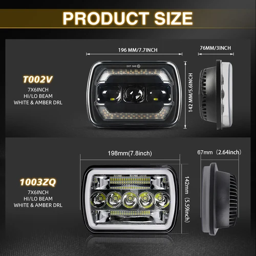 Imagen 2 del producto Faros delanteros cuadrados LED HL de 7x6 pulgadas, señal de giro ámbar DRL, vigas de sellado altas/bajas, reemplazo de faros delanteros H6054 H5054 para Wrangler YJ GMC 12V