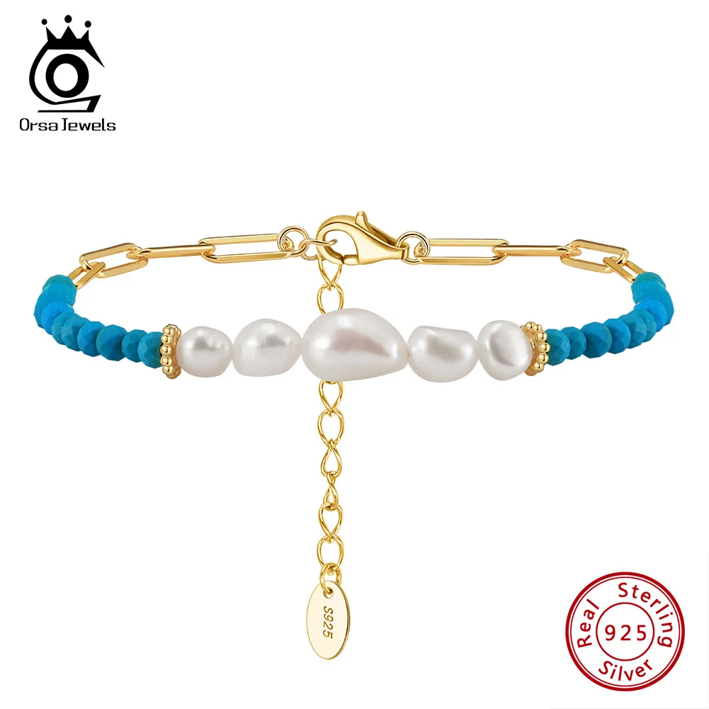 ORSA JEWELS 14K Gold 925 Sterling Silver Turquoise Chain Bracelet with Exquisite Vintage Natural Pearl for Women Jewelry MPB03