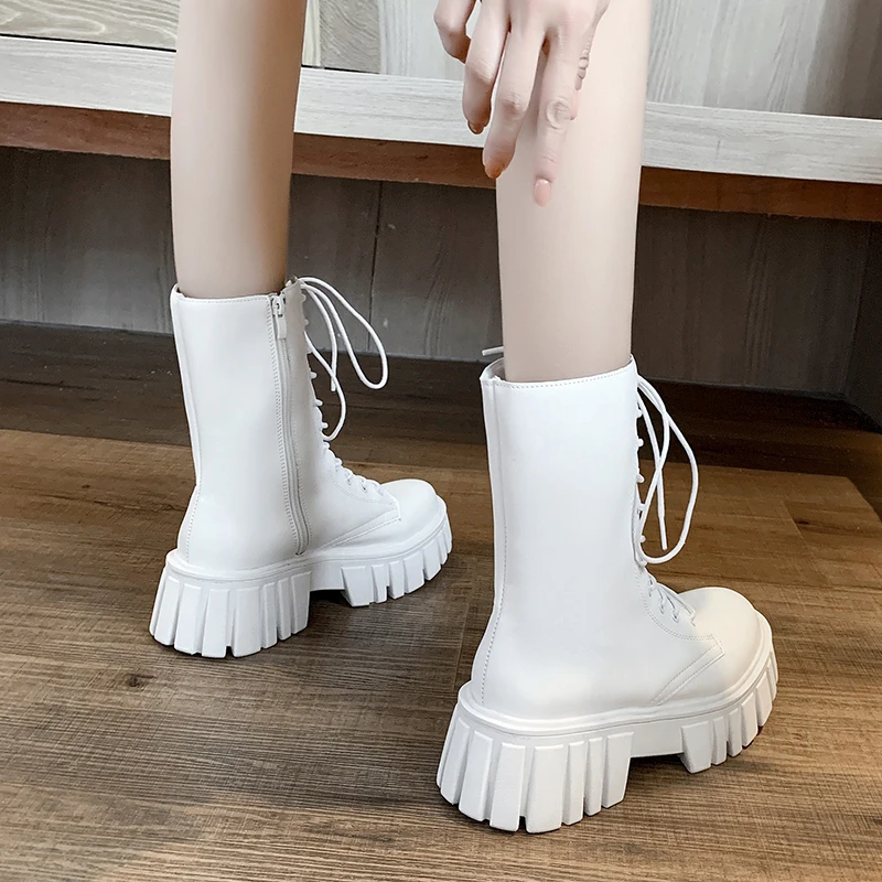 Rimocy White PU Leather Ankle Boots for Women 2022 Fashion Lace Up Chunky Shoes Woman Autumn Winter Platform Motorcycle Boots