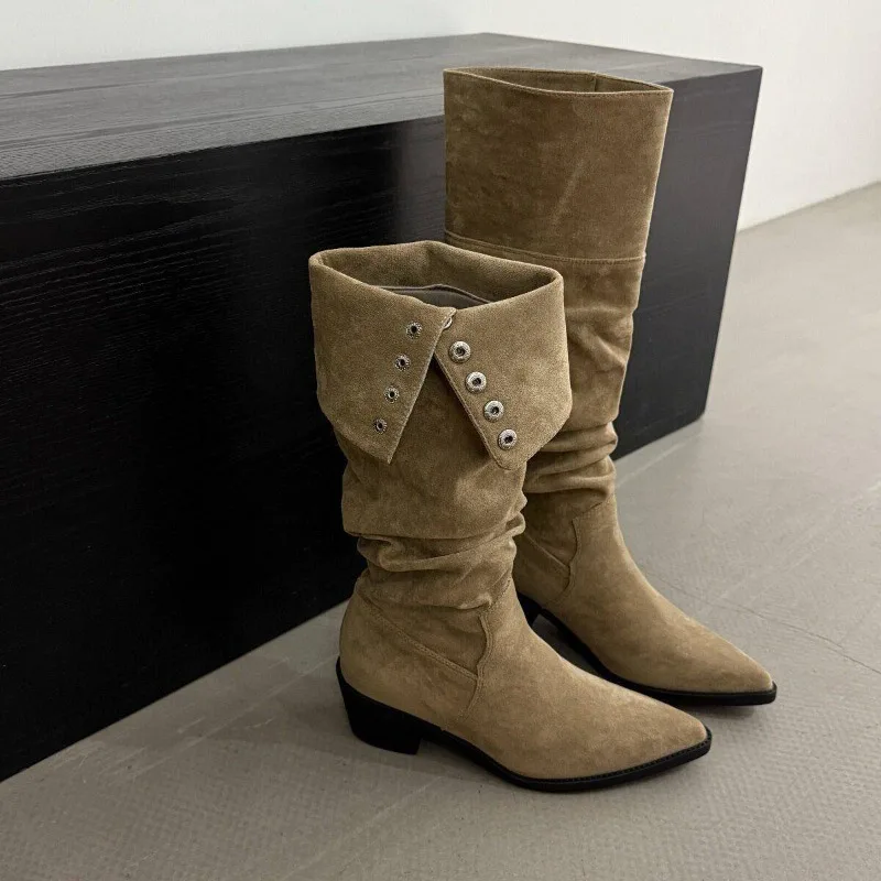 Women's Boots Temperament Pointed Thick Heels Boots Fashion Suede Leather Casual Knee-high Boot Rivet Trouser Tube Knight Boots