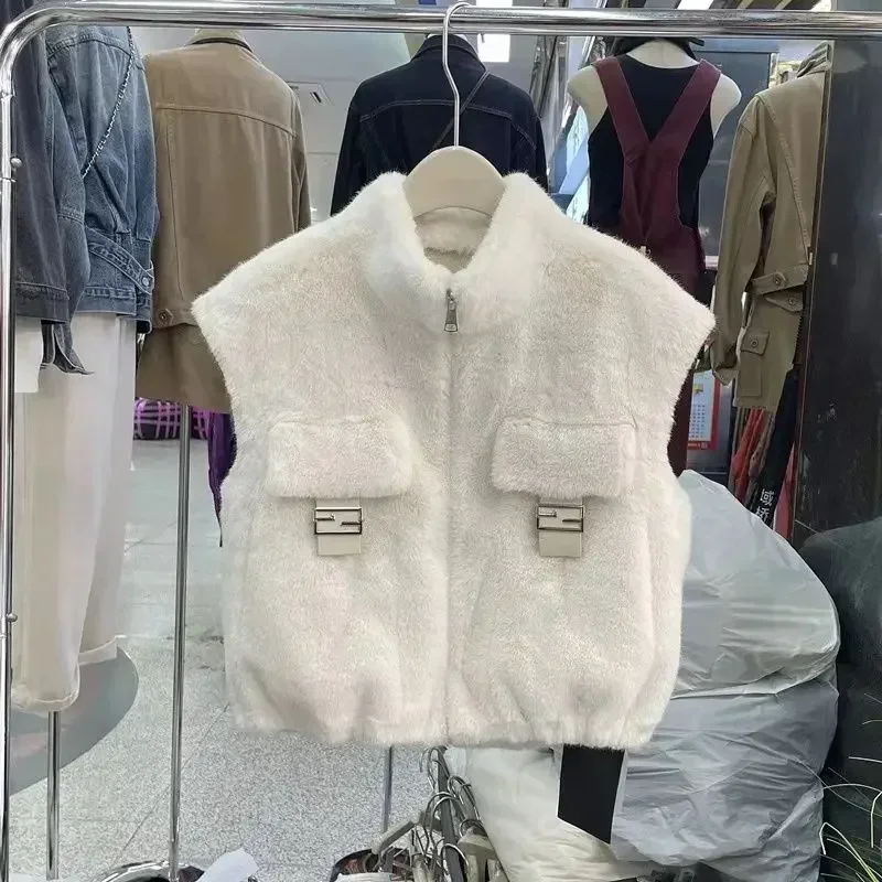 Colete de pele de vison falso botões de metal feminino outono inverno novo zíper gola alta quente curto regata ombro jaqueta colete de pele