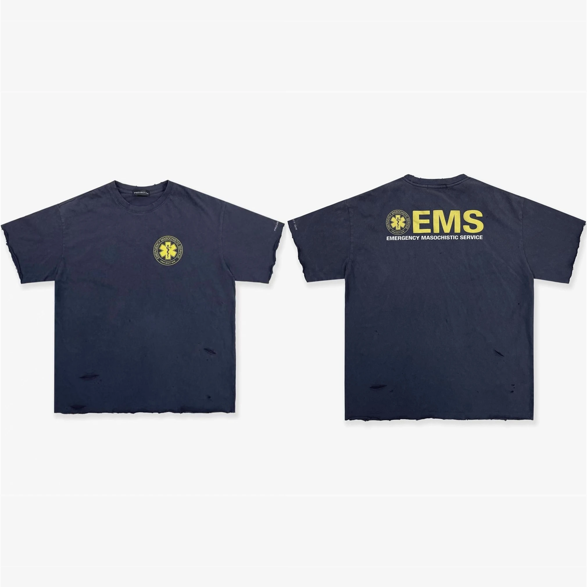 

Washed Blue PROJECT G/R Hole T Shirt Men Women 1:1 High Quality Unisex T-shirt Top Tees