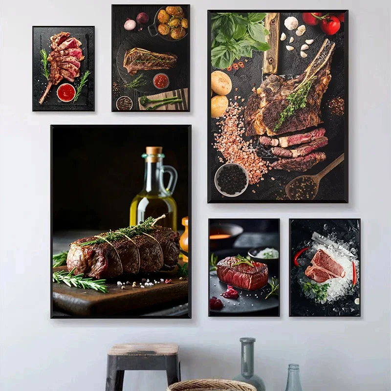 Delicious Grilled Tomahawk Steak Posters Retro Meat Cuts Steak Guide BBQ Prints Canvas Painting Wall Pictures Home Kitchen Decor