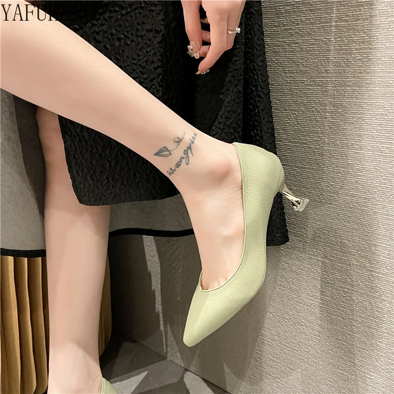 Simple Pointed Toe High Heels Stiletto Shallow Mouth Fashion Single Shoes Black Work Shoes Green Pink Small Fresh Womens Pumps