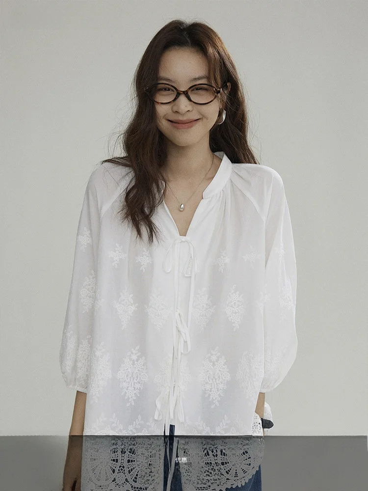 

Joli Choose Embroidered Lace Trim Cotton Feel Women's Summer irt Versatile Sli Loose Fit Pure Cotton Seven Sve