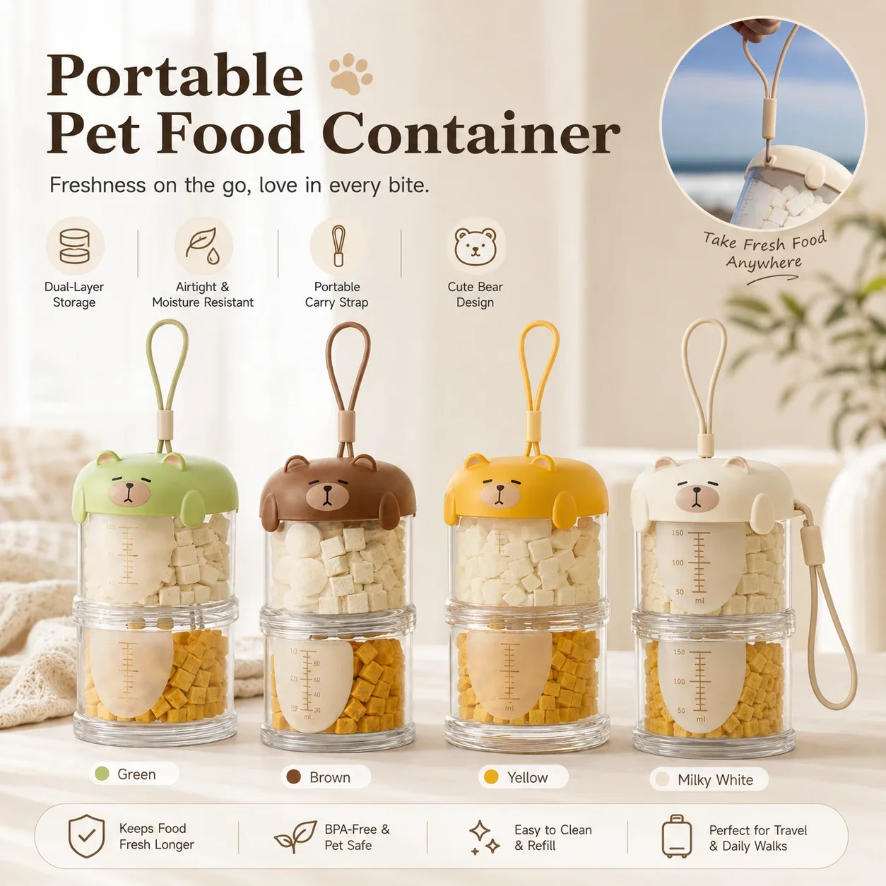 Cute Pet Food Storage Can with Airtight Lid, Multi-Layer Stackable Container for Dog Cat Food, Portable Dry Food Storage