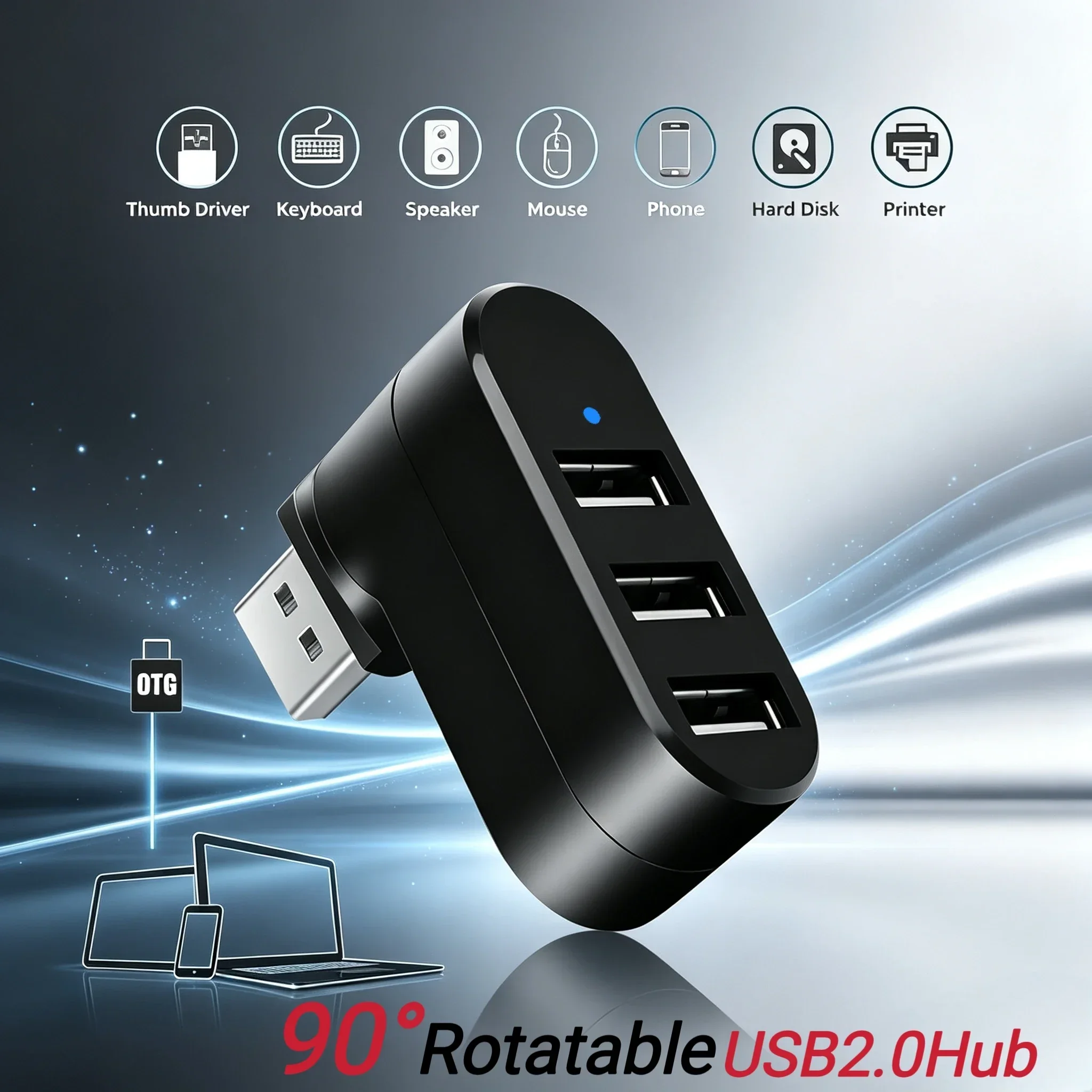 USB 2.0 Mini Hub Adapter 90-degree Rotating High-speedUSB Flash Drive Card Reader Splitter 3-port USB 2.0 for Computer PC Laptop