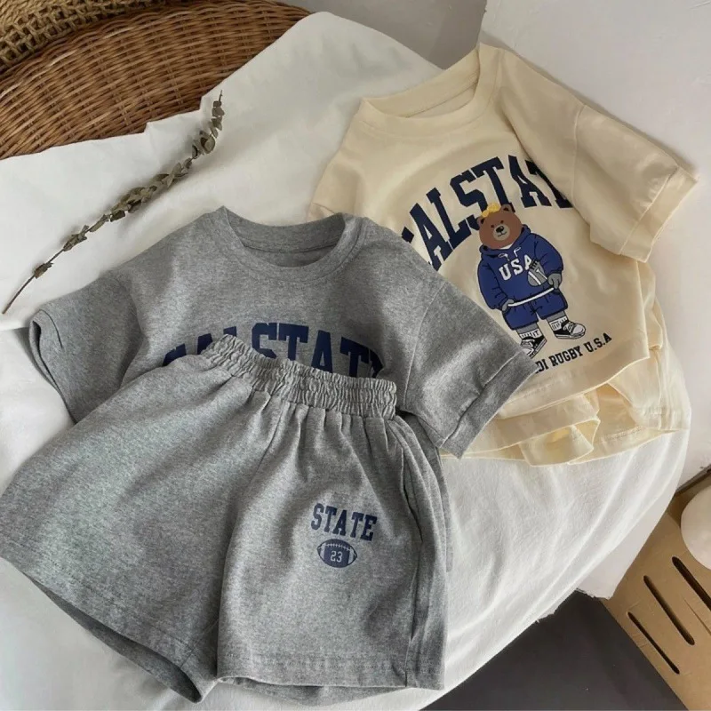 Estate bambino neonata vestiti di cotone solido manica corta cartone animato orso stampato t-shirt e pantaloncini 2 pezzi set tute per bambini