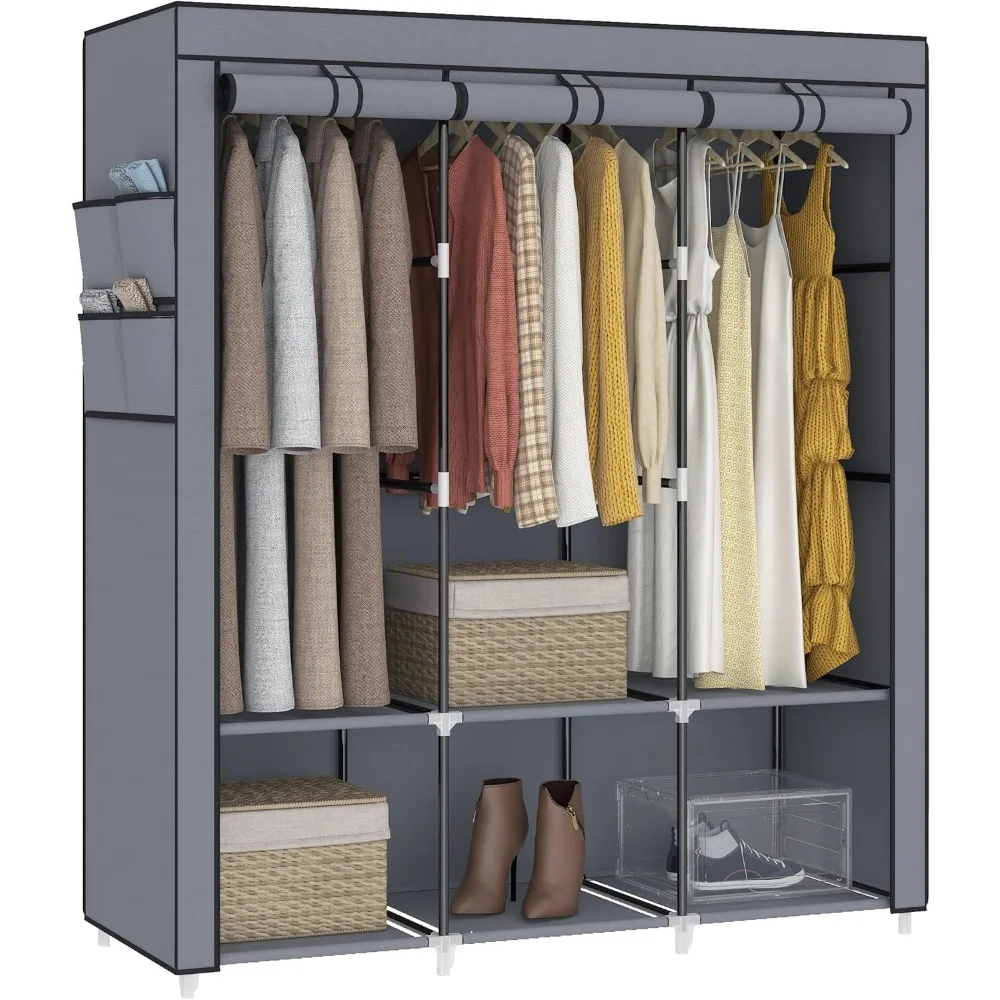 67 in Portable Closet Wardrobe for Hanging Clothes, Wardrobe Closet , 4 Hanging Rods and Side Pockets, 8 Storage Shelves