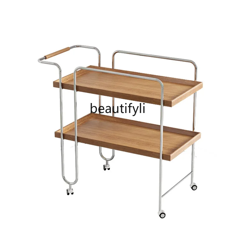 Zhonggu Walnut Stainless Steel Cart Dining Car Storage Rack Removable Wheeled Tea Side Table