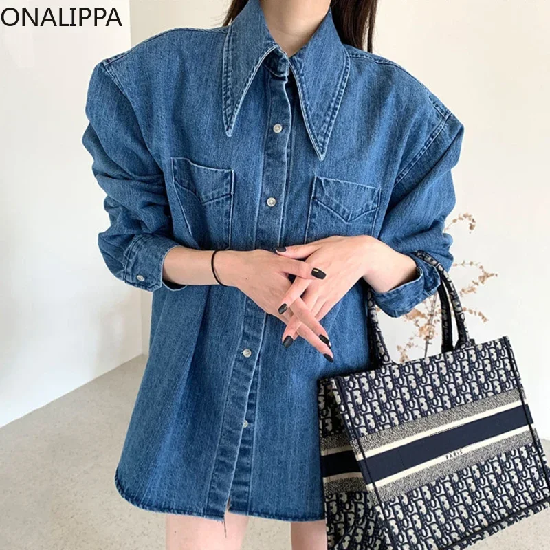 ONALIPPA Women Shirt Autumn Korean Chic Retro Simple Single-Breasted Loose Casual Double-Pocket Washed Blue Denim Blouses