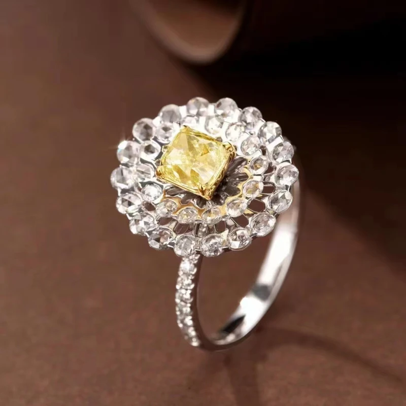 18k Gold Ring 2 Carat Yellow Diamond Gemstone For Women Wedding Bands Cute Romantic Engagement Gift Fine Jewelry