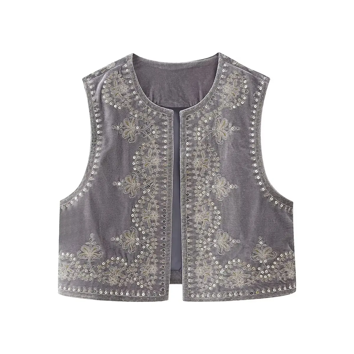 PB&ZA 2023 Autumn New Vintage Fashion Casual Versatile Temperament Bead Embroidery Velvet Short Vest