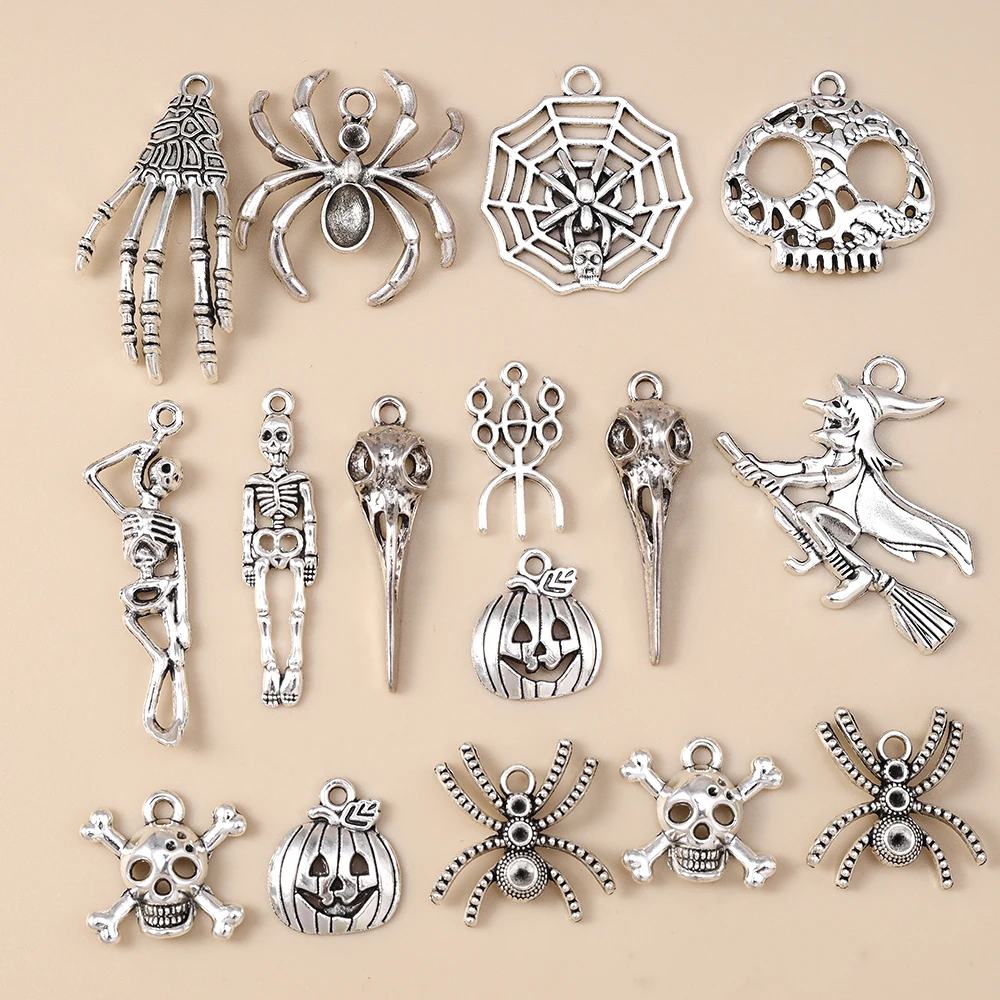 

Leslie 10pcs Alloy Spider Pumpkin Skull Skeleton Charms Halloween Pendant For DIY Handmade Metal Jewelry Making Accessories