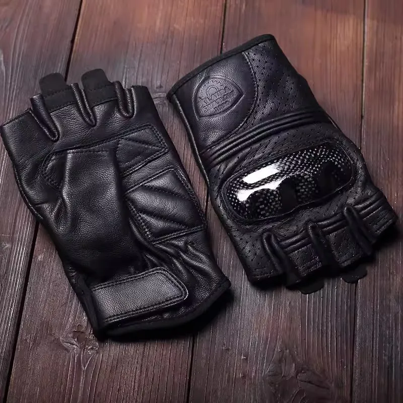 Men's 100% Natural Caw Leather Non-slip Half Finger Glove Male Fashion Genuine Leather Vintage Driving  Motorcycle Glove R1032