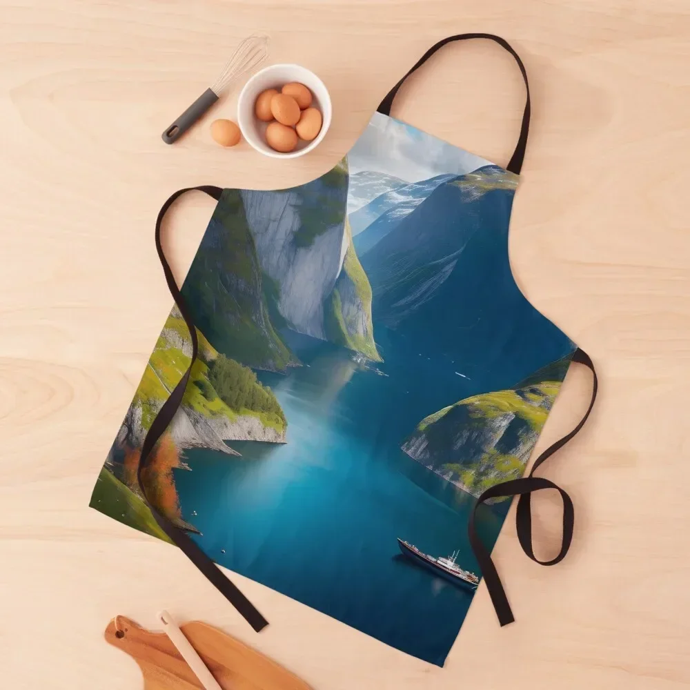 

Majestic Geirangerfjord: Captivating Illustration of Norwegian Beauty Apron Goods For Home And Kitchen kitchen utensil Apron