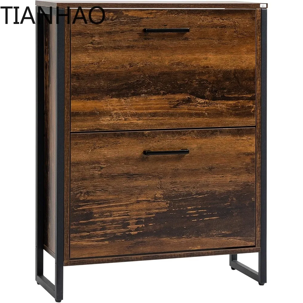 Industrial Shoe Cabinet with 2 Flip Drawers, Freestanding Shoe Storage Cabinet for 12 Pairs, Narrow Slim Shoe Rack for Entryway