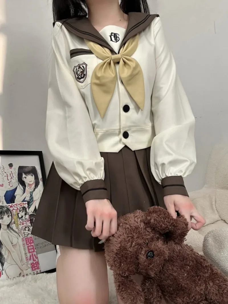 2024 New Japanese Sailor Suit JK Uniform Autumn Winter Milk Tea Color Colleage Style Students Brown Mini Skirt Bow Tie Top Sets