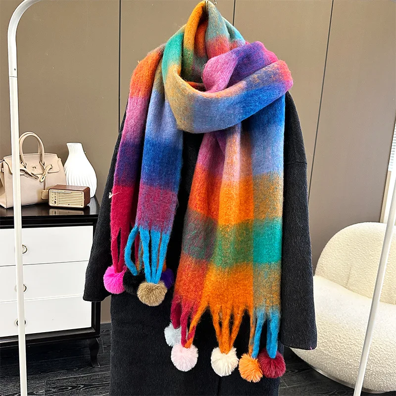 Checkered Thick Scarf Winter Warm Cashmere Scarf Rainbow Hairy Women\'s Serve Scarf Women\'s Tassel Shawl