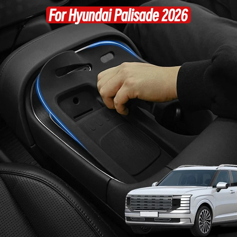 

For Hyundai Palisade 2026 Water Cup Holder Storage Box With Non-slip Wireless Charging Mat Central Protective Pad Accessories