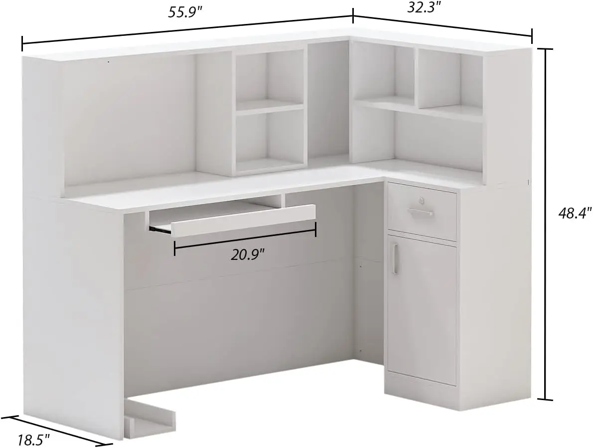 Desk L-Shaped Office Desk with Counter, 1 Door Storage Cabinet, 1 Lockable Drawer, Hutch Shelf & Keyboard Tray, White